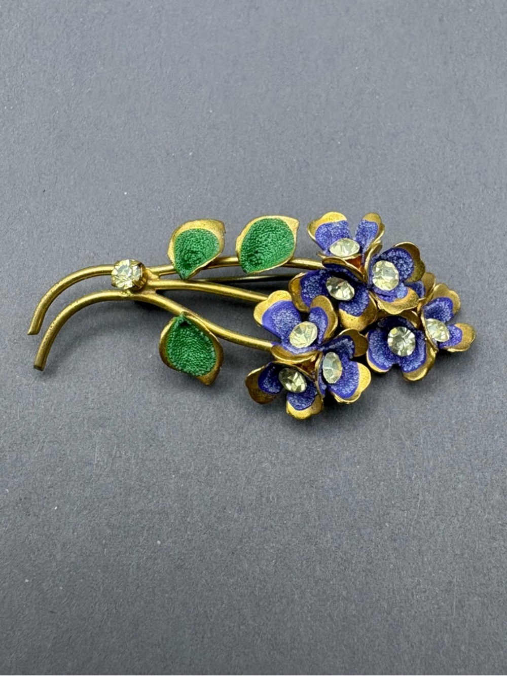 Antique Suffragette Floral Purple and Green Enamel Brooch with Rhinestones